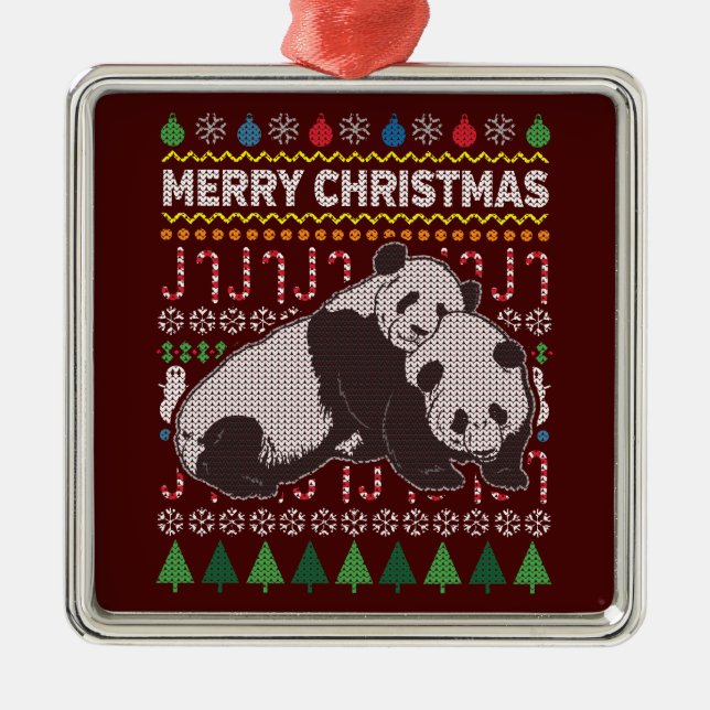 Ornamento De Metal Série Pandas Ugly Christmas Sweater (Frente)