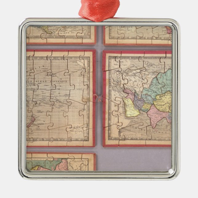 Ornamento De Metal Sete mapas do quebra-cabeça do mundo (Frente)