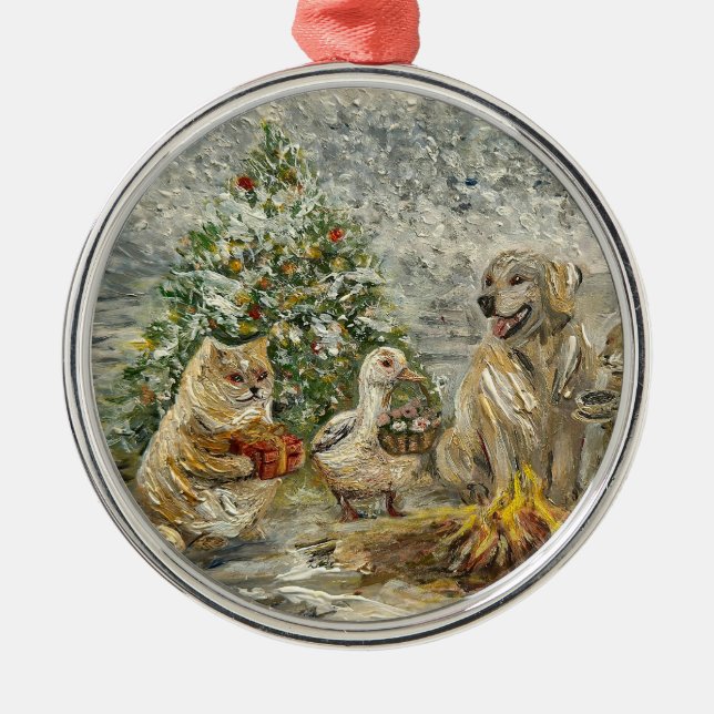 Ornamento De Metal Shared Warmth Whimsical Farmhouse Animals Campfire (Frente)