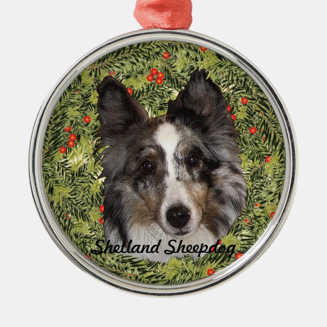 Ornamento De Metal Shetland Sheepdog Wreath (Frente)