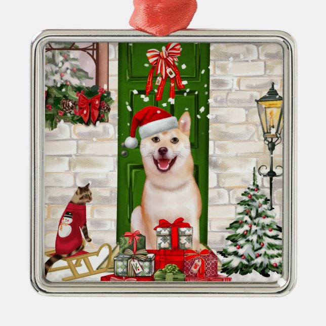 Ornamento De Metal Shiba Inu Dog Natal (Frente)