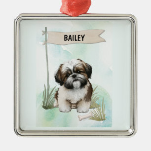 Ornamento De Metal Shih Tzu Aquarela Cachorro Personalizado