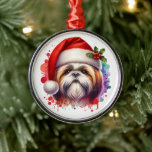 Ornamento De Metal Shih Tzu Dog no Natal de Santa Hat<br><div class="desc">Se você ama Shih Tzu e quer um Enfeites de natal fofo então aqui vai você! Estilo aquoso bonito ai art Shih Tzu em Santa Hat.</div>