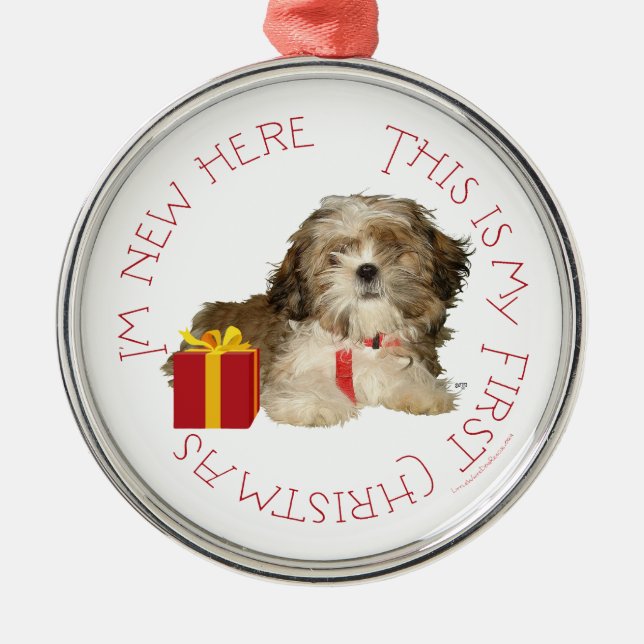 Ornamento De Metal Shih Tzu Puppy Primeiro Natal (Frente)