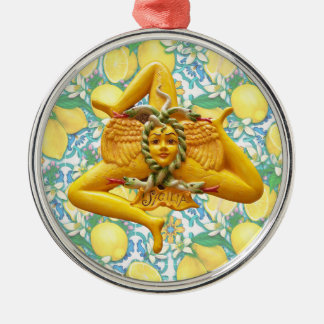 Ornamento De Metal Sicilian Trinacria Italian Pride Lemons on Blue