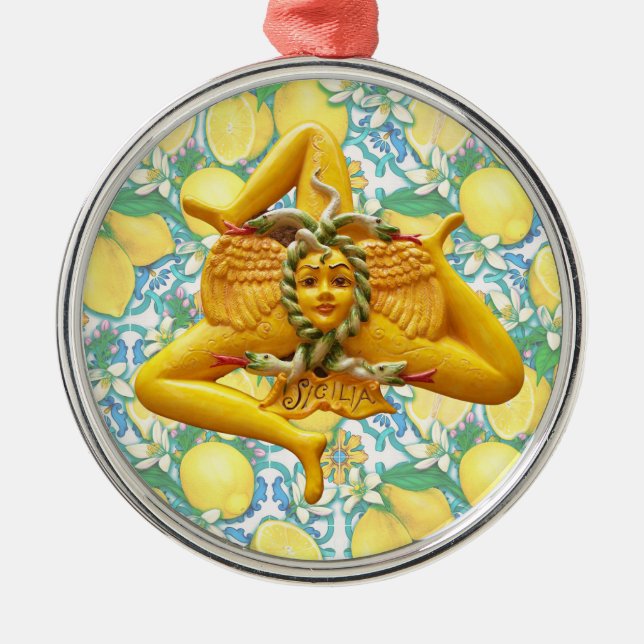 Ornamento De Metal Sicilian Trinacria Italian Pride Lemons on Blue  (Frente)