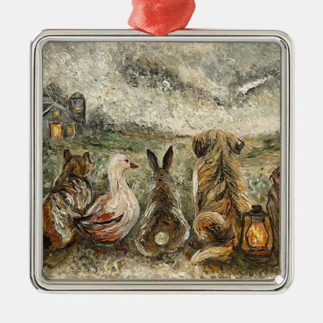 Ornamento De Metal Silent Watching Whimsical Farmhouse Animals  (Frente)