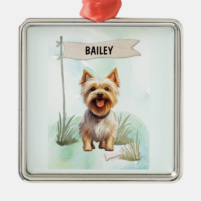 Ornamento De Metal Silky Terrier Watercolor Personalized Dog (Frente)
