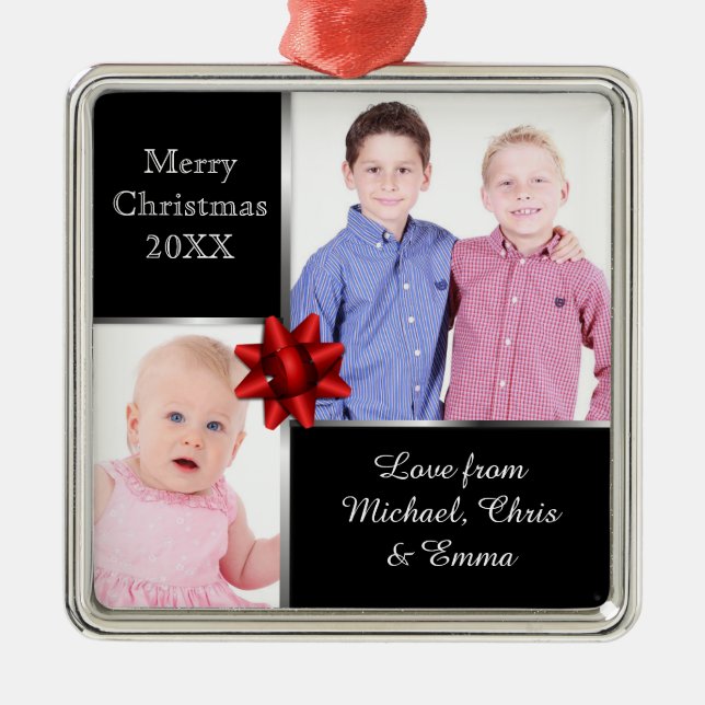 Ornamento De Metal Silver and Black Custom Photo Personalised Gift (Frente)