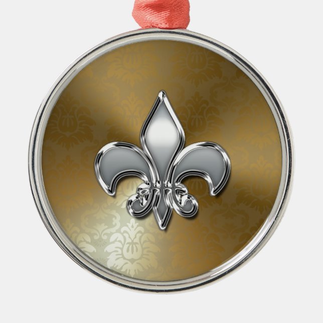 Ornamento De Metal Silver Fleur-De-Lis no Dourado Damasco (Frente)