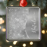 Ornamento De Metal Silver Glitter Glam Bling Personalized Metallic<br><div class="desc">Easily personalize this silver brushed metal and glamorous faux glitter patterned ornament with your own custom name.</div>