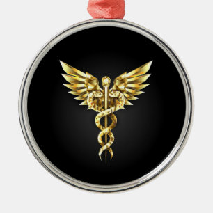 Ornamento De Metal Símbolo Caduceu Poligonal Dourado