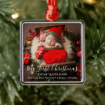 Ornamento De Metal Simple Cute Elegant Baby Photo My First Christmas<br><div class="desc">Cute holiday birth announcement ornament featuring a simple design with "My First Christmas" in an elegant script along with baby's name and birth stats over your favorite newborn photo.  This modern holiday birth announcement ornament makes a great Christmas gift for all of your loved ones.</div>