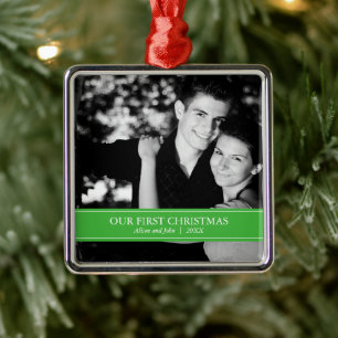 Ornamento De Metal Simples Natal de Foto Personalizada Verde e Branco
