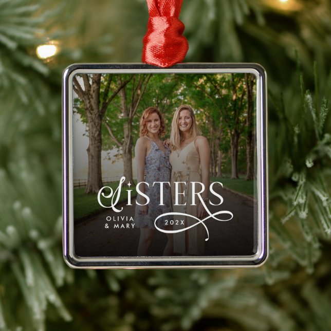 Ornamento De Metal Sisters Photo Personalized Monogram (Árvore)