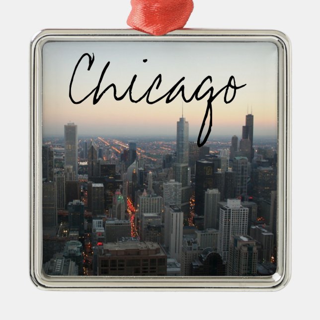 Ornamento De Metal Skyline de Chicago no por do sol (Frente)