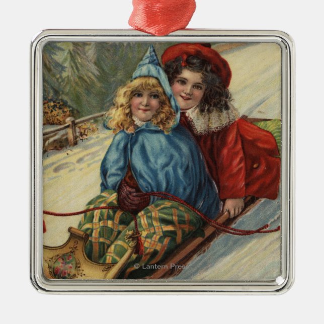 Ornamento De Metal Sledding das meninas de ChristmasTwo (Frente)