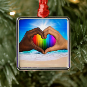 Ornamento De Metal SlipperyJoe gradiente de arco-íris vibrante coraçã