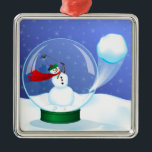 Ornamento De Metal Snowman Golfer num globo de neve<br><div class="desc">Ilustração de um jogador de golfe de neve tirando dentro a neve do globo em uma bola de neve. A bola de neve quebrou o globo e se voar para fora dele. Clique em personalizar para alterar o tamanho do design,  alterar a cor de fundo e adicionar texto.</div>