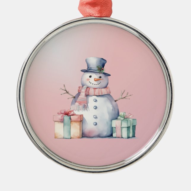 Ornamento De Metal Snowman Rosa com Pacotes (Frente)