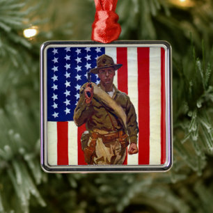 Ornamento De Metal Soldado Patriótico Vintage com Bandeira Americana