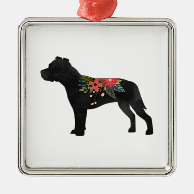 Ornamento De Metal Staffie Dog Breed Boho Floral Silhouette (Frente)