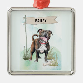 Ornamento De Metal Staffordshire Bull Terrier Watercolor Personalized