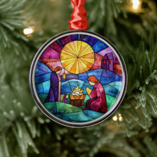Ornamento De Metal Stained Glass Nativity Scene Christmas Ornament