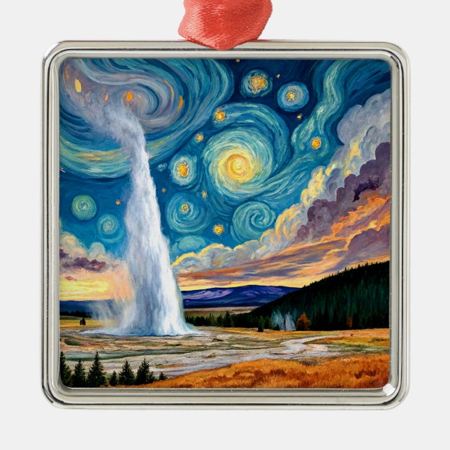 Ornamento De Metal Starry Night Old Faithful Yellowstone Park (Frente)