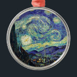 Ornamento De Metal Starry Night por van Gogh<br><div class="desc">Van Gogh era obcecado pelo simbolismo de objetos luminosos e de cor. A lâmpada era um símbolo de calma e segurança. A estrela simbolizou a fé, e a luz gasosa, as realidades humanas. O azul ultramarino profundo era infinito, enquanto o vermelho e o verde expressavam "essas coisas terríveis, as paixões...</div>
