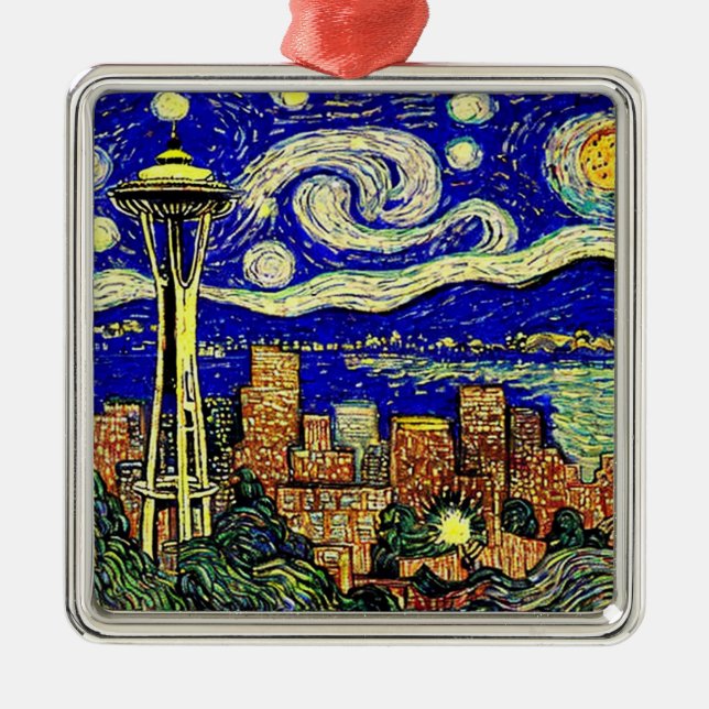 Ornamento De Metal Starry Night Seattle Washington (Frente)
