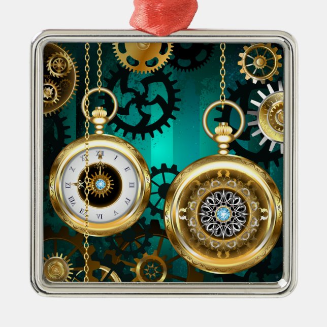 Ornamento De Metal Steampunk Jewelry Watch em um fundo verde (Frente)