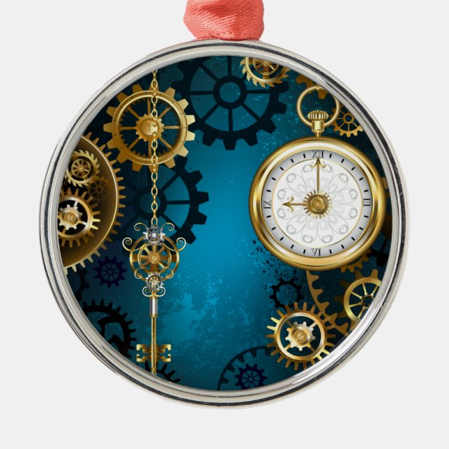 Ornamento De Metal Steampunk turquoise Background with Gears (Frente)