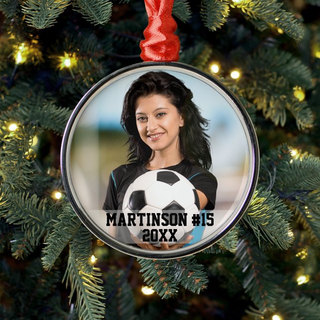 Ornamento De Metal Sua foto personalizada de futebol ou seu esporte (Customize with name, team number and year.)