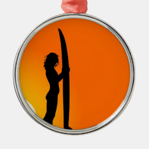 Ornamento De Metal Sunset Surfer Girl com surfboard