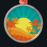Ornamento De Metal Surf tropical de Sunset Beach design<br><div class="desc">Com um design de praia retrortropical ao pôr do sol com palmeiras. Esse design surf é de cores vermelho,  laranja e amarelo e traz à mente um resort quente de praia tropical no verão. Para amantes do sol,  surf e areia e pôrs do sol tropicais.</div>