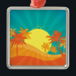 Ornamento De Metal Surf tropical de Sunset Beach design<br><div class="desc">Com um design de praia retrortropical ao pôr do sol com palmeiras. Esse design surf é de cores vermelho,  laranja e amarelo e traz à mente um resort quente de praia tropical no verão. Para amantes do sol,  surf e areia e pôrs do sol tropicais.</div>