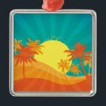 Ornamento De Metal Surf tropical de Sunset Beach design<br><div class="desc">Com um design de praia retrortropical ao pôr do sol com palmeiras. Esse design surf é de cores vermelho,  laranja e amarelo e traz à mente um resort quente de praia tropical no verão. Para amantes do sol,  surf e areia e pôrs do sol tropicais.</div>