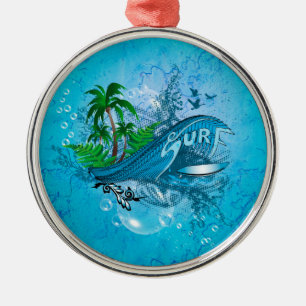 Ornamento De Metal Surfar, prancha com palma