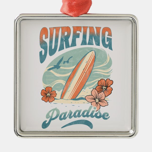 Ornamento De Metal Surfing Paradise retro style design (Frente)