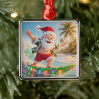 Ornamento De Metal Surfing Santa Tropical Christmas