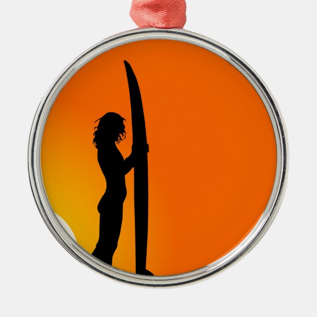 Ornamento De Metal Surfista Sunset Girl com surfboard (Frente)
