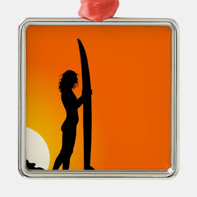 Ornamento De Metal Surfista Sunset Girl com surfboard (Frente)