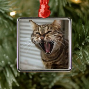 Ornamento De Metal Tabby Cat Yawning Retrato Artístico