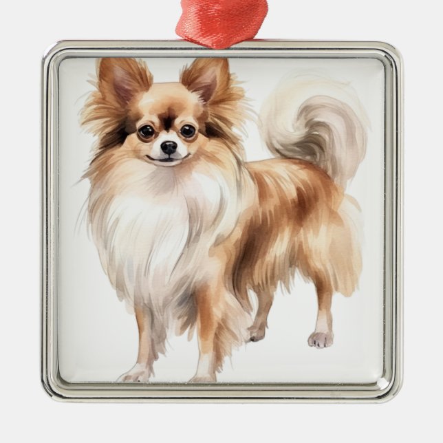 ORNAMENTO DE METAL TAN & WHITE LONG HAIED CHIHUAHUA DOG (Frente)