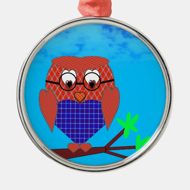 Ornamento De Metal Tartan e Hearts Owl (Frente)