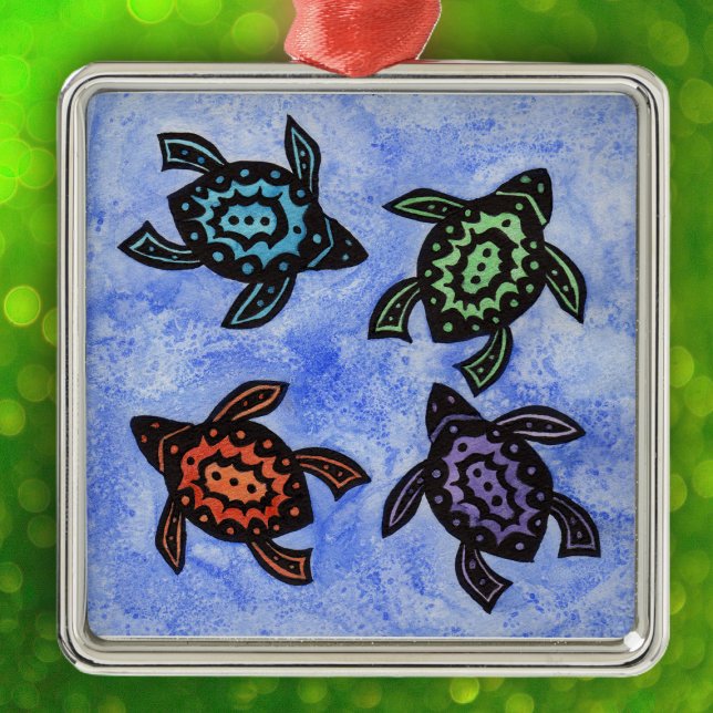 Ornamento De Metal Tartarugas Abstrato coloridas (Four black abstract turtles with colourful shells on mixed blue white hanging ornament.)