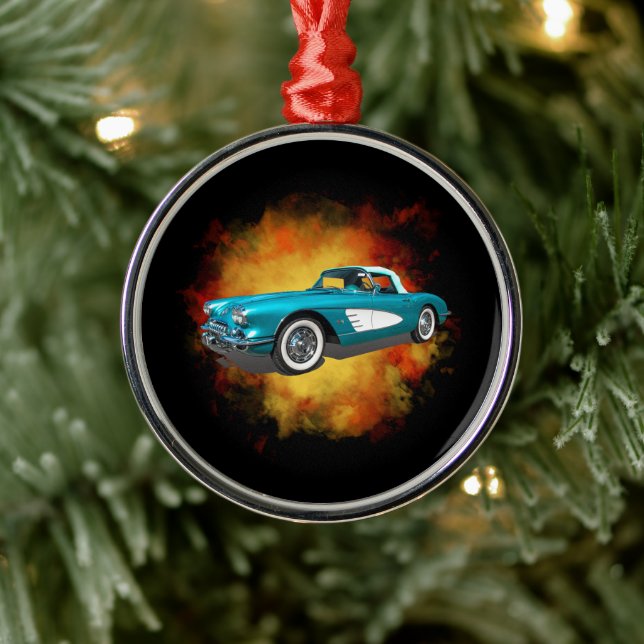 Ornamento De Metal Teal 59 Carro Vermelho Corvette Explosão (Árvore)