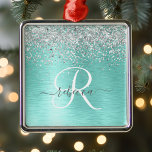 Ornamento De Metal  Teal Brushed Metal Silver Glitter Monogram Name<br><div class="desc">Easily personalize this trendy chic ornament design featuring pretty silver sparkling glitter on a teal brushed metallic background.</div>