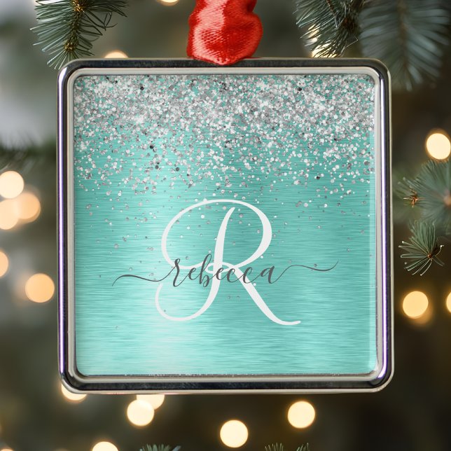 Ornamento De Metal  Teal Brushed Metal Silver Glitter Monogram Name (Criador carregado)